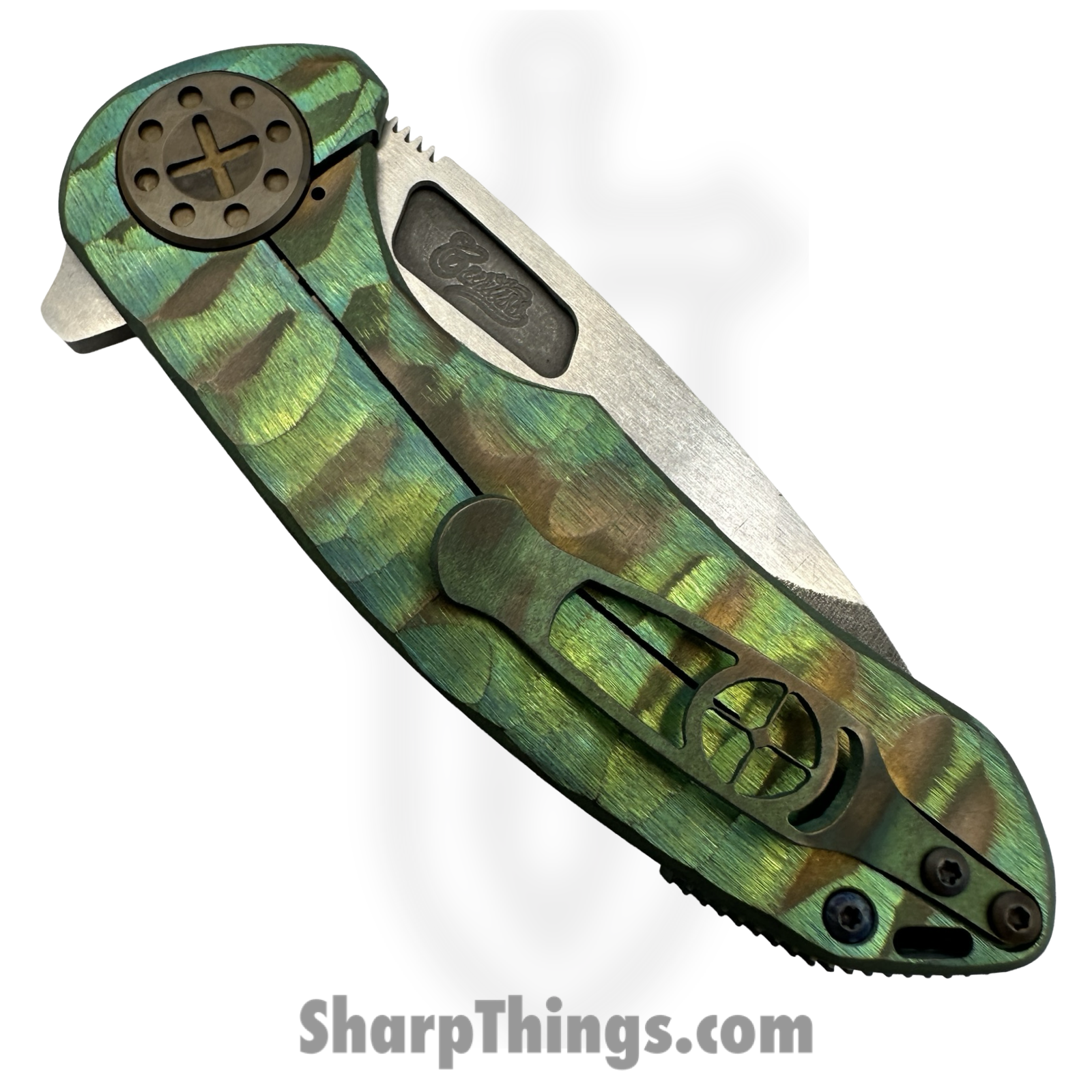 Curtiss Custom Knives LLC - F3M-SLM1-TIGN - F3 Medium Slicer Flipper - Folding Knife - CPM MagnaCut Two Tone Drop Point - Titanium - Green - Image 4
