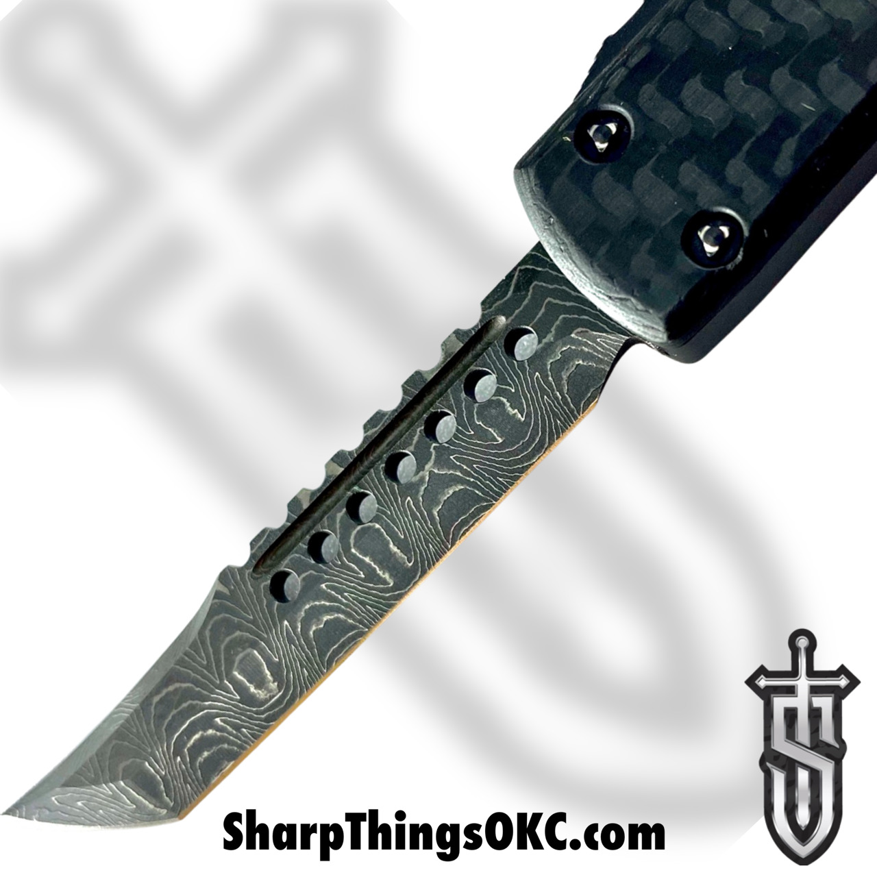 Microtech - 419-16CFS - UTX-70 Signature Series - OTF Auto - Damascus Damascus Hellhound Tanto - Carbon Fiber/Aluminum - Black - Image 8