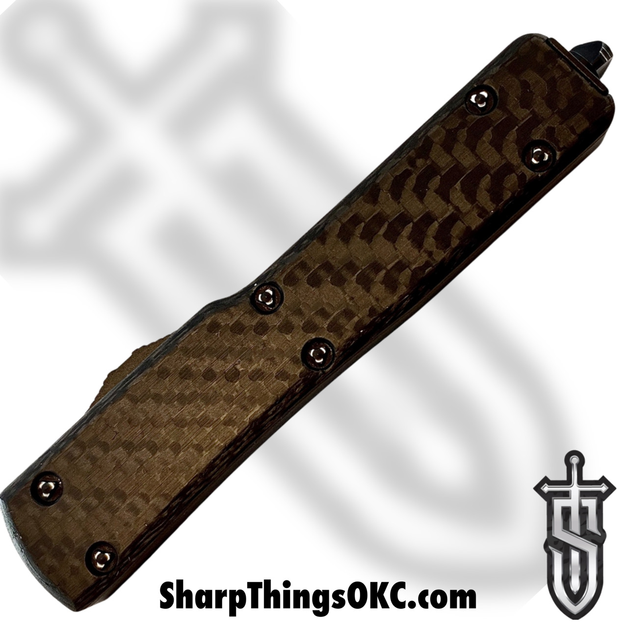 Microtech - 419-16CFS - UTX-70 Signature Series - OTF Auto - Damascus Damascus Hellhound Tanto - Carbon Fiber/Aluminum - Black - Image 6