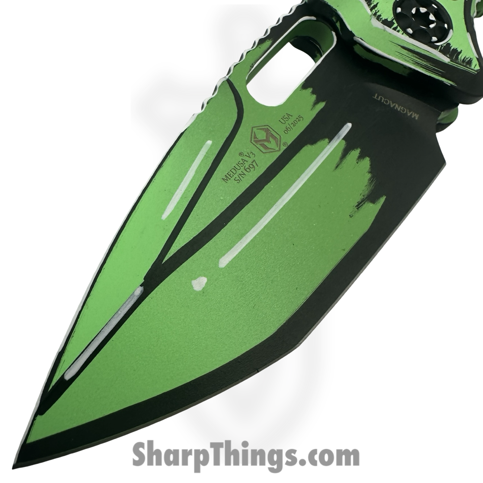 Heretic Knives - H011-CS-TX - Cel Shaded Medusa - Automatic Knife - CPM MagnaCut Coated Tanto - Aluminum - Green - Image 5