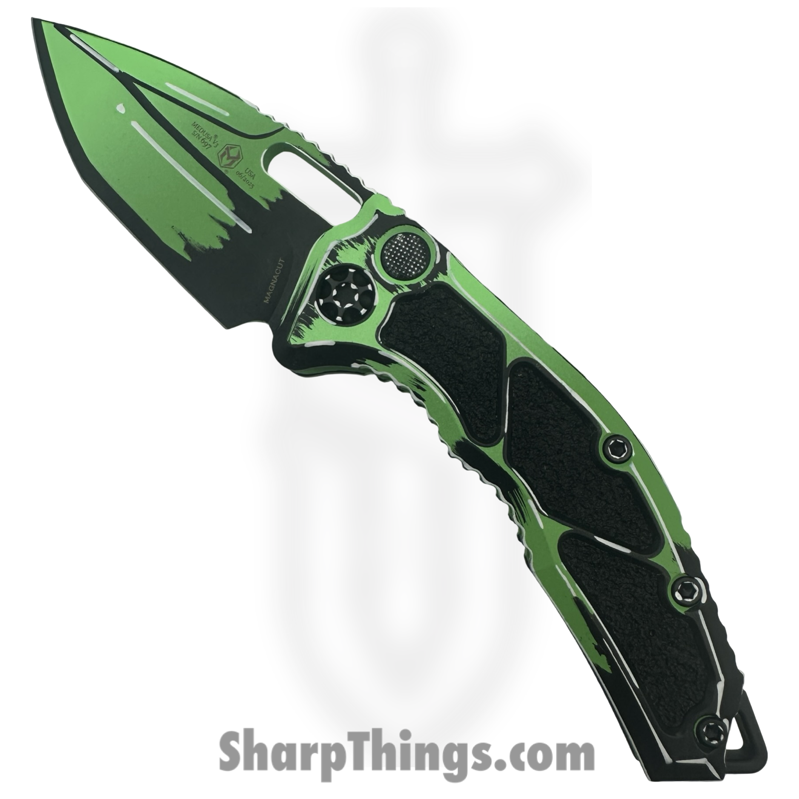 Heretic Knives - H011-CS-TX - Cel Shaded Medusa - Automatic Knife - CPM MagnaCut Coated Tanto - Aluminum - Green