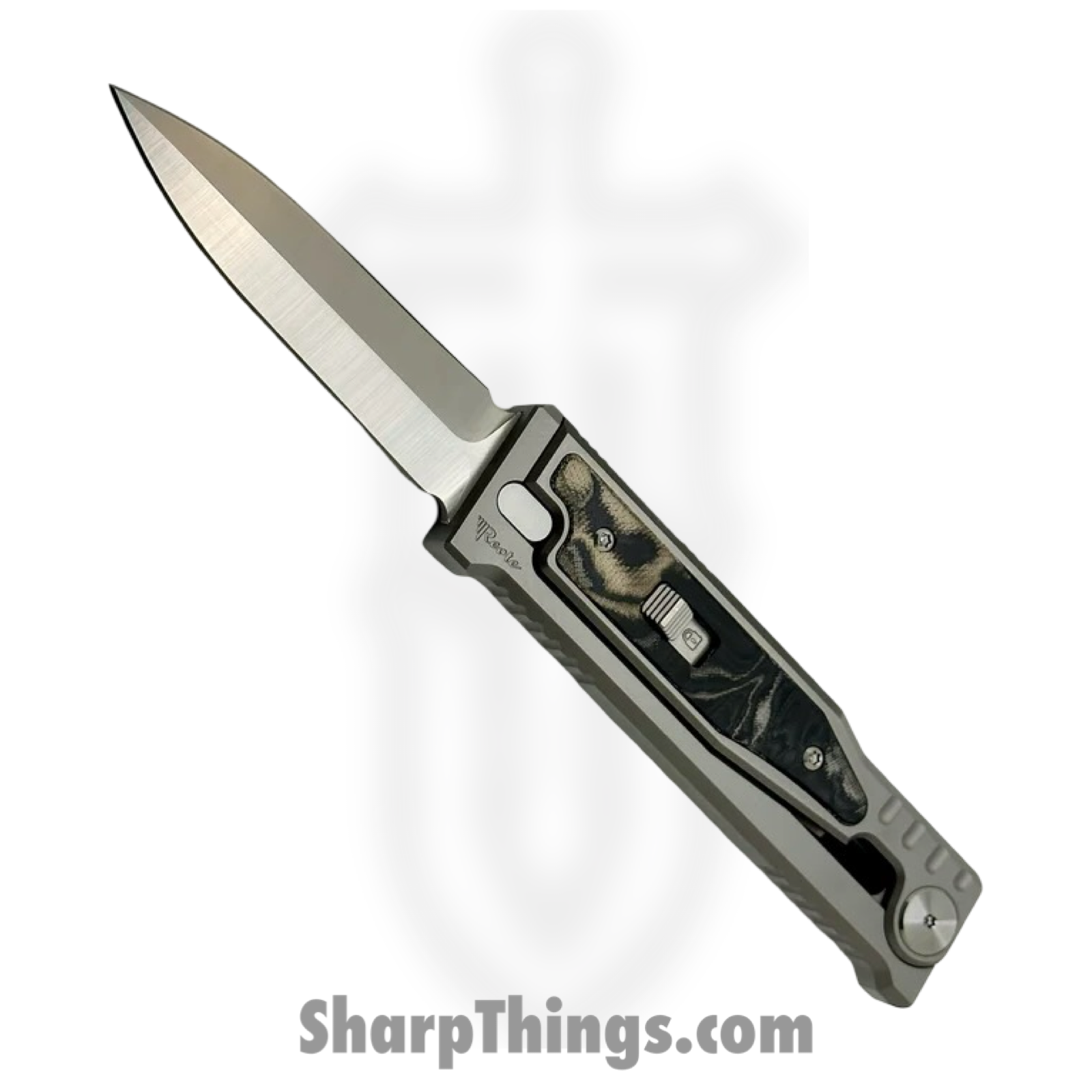 Reate Knives - EXO2121ELMI - EXO-M - Gravity Knife - ELMAX Satin Dagger - Titanium Burl Linen Micarta Inlay - Gray Black Green