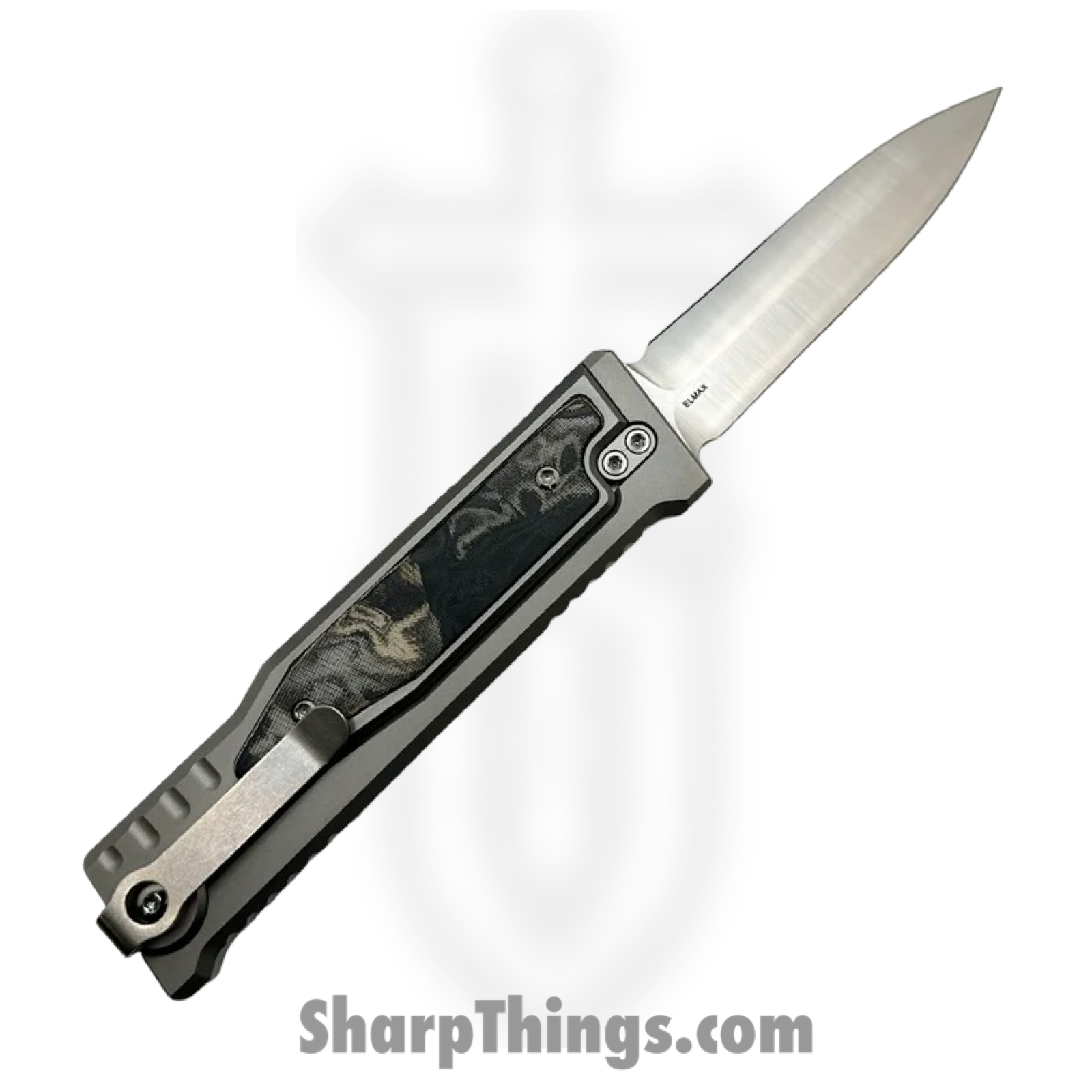 Reate Knives - EXO2121ELMI - EXO-M - Gravity Knife - ELMAX Satin Dagger - Titanium Burl Linen Micarta Inlay - Gray Black Green - Image 2