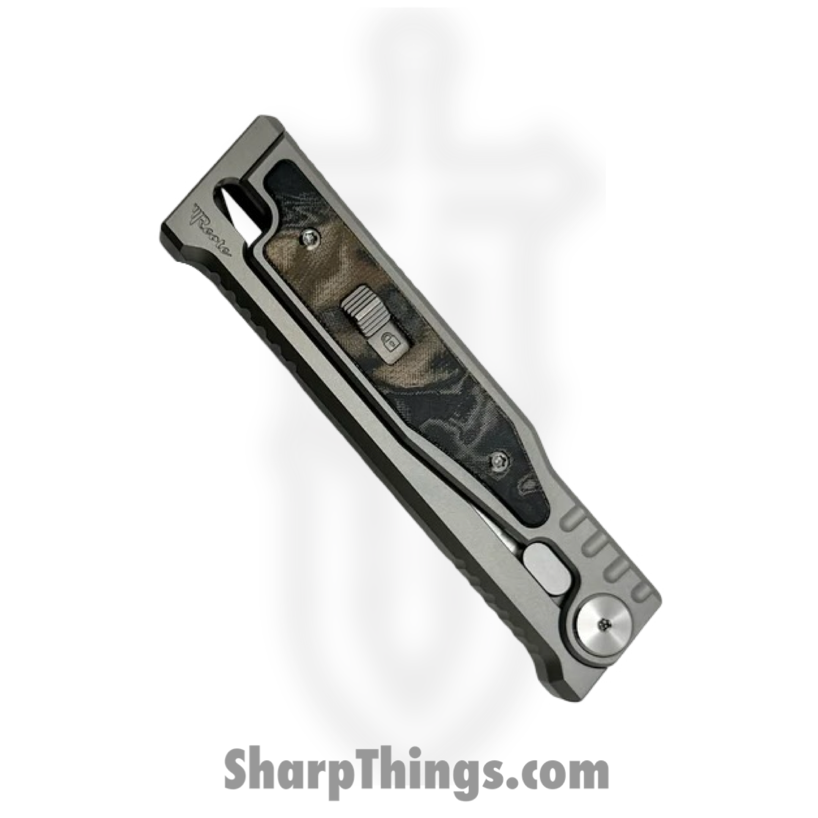 Reate Knives - EXO2121ELMI - EXO-M - Gravity Knife - ELMAX Satin Dagger - Titanium Burl Linen Micarta Inlay - Gray Black Green - Image 3