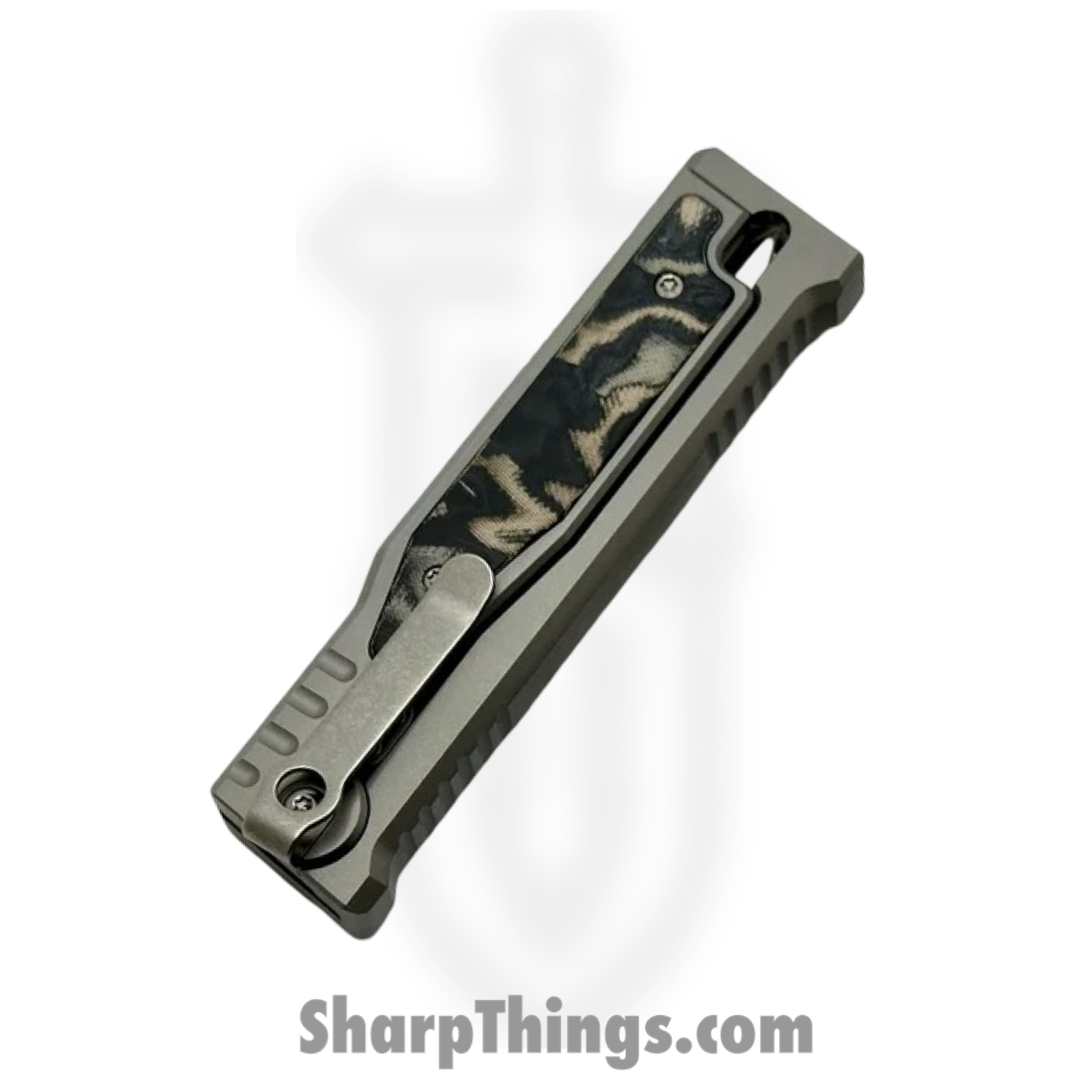 Reate Knives - EXO2121ELMI - EXO-M - Gravity Knife - ELMAX Satin Dagger - Titanium Burl Linen Micarta Inlay - Gray Black Green - Image 4