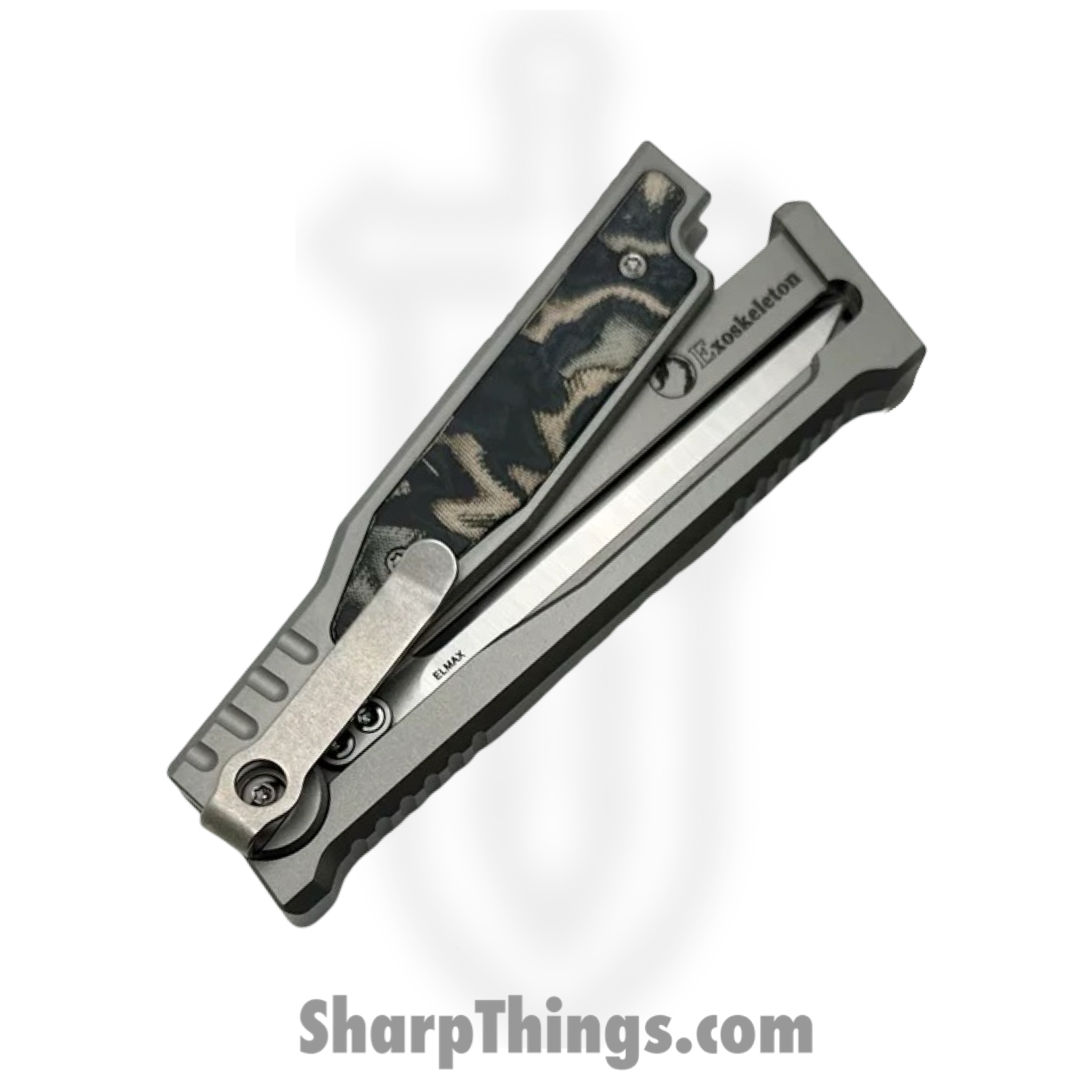 Reate Knives - EXO2121ELMI - EXO-M - Gravity Knife - ELMAX Satin Dagger - Titanium Burl Linen Micarta Inlay - Gray Black Green - Image 5