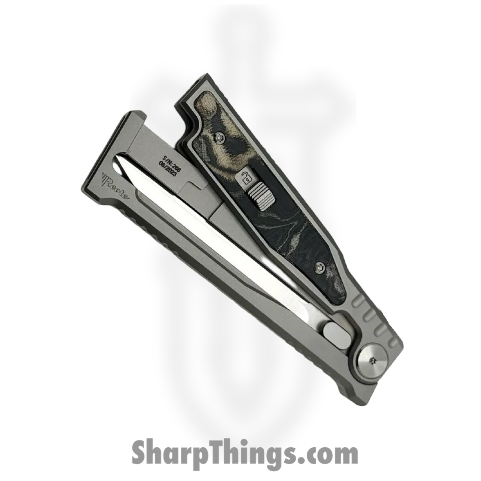 Reate Knives - EXO2121ELMI - EXO-M - Gravity Knife - ELMAX Satin Dagger - Titanium Burl Linen Micarta Inlay - Gray Black Green - Image 6