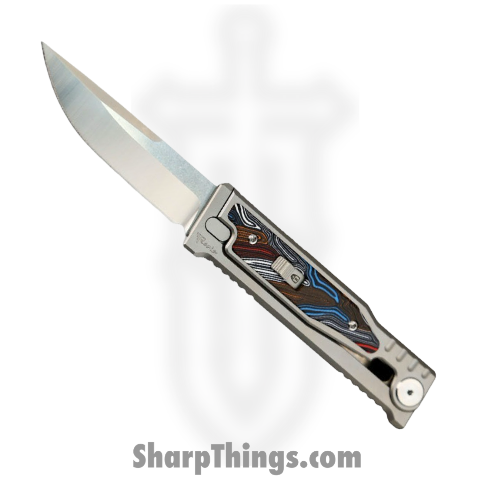 Reate Knives - EXO2122ELG10 - EXO-M - Gravity Knife - ELMAX Satin Drop Point - Titanium G10 Damascus - Multi