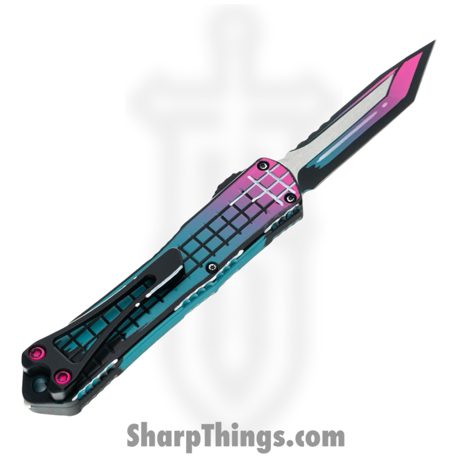 Heretic Knives - H023F-CS-MV - Manticore S - OTF Auto - CPM MagnaCut Coated Tanto - Aluminum Cel Shading - Miami Vice - Image 2