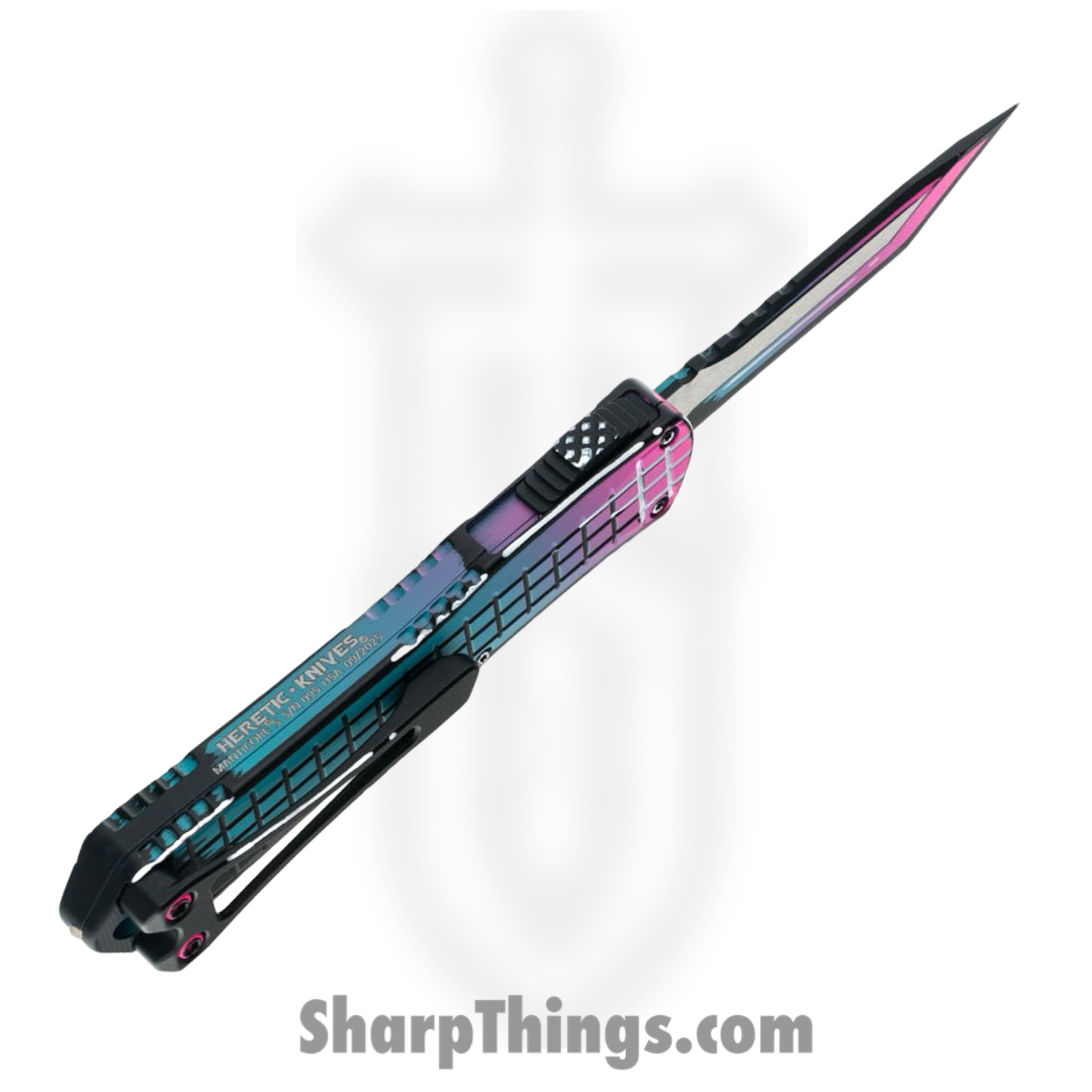 Heretic Knives - H023F-CS-MV - Manticore S - OTF Auto - CPM MagnaCut Coated Tanto - Aluminum Cel Shading - Miami Vice - Image 3