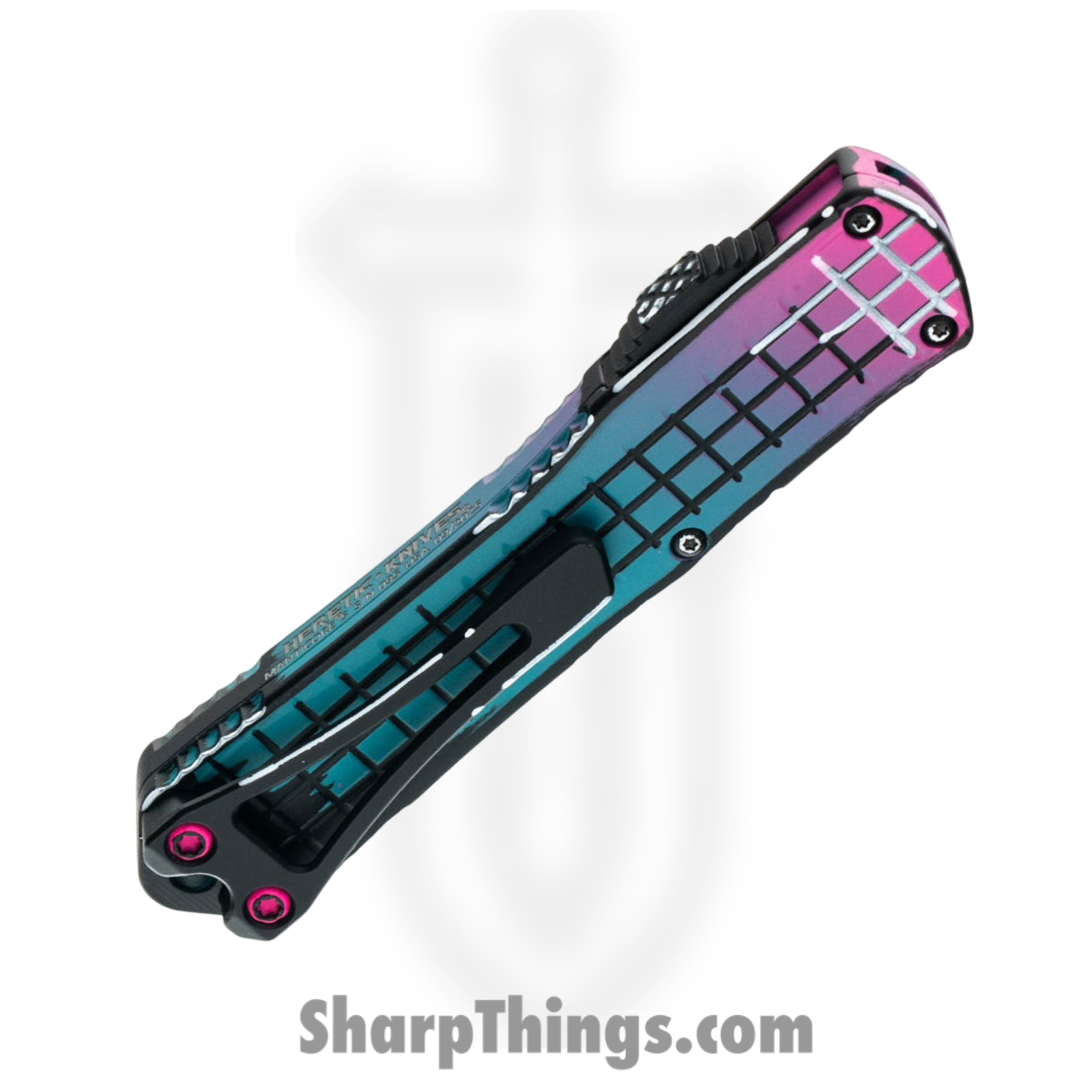 Heretic Knives - H023F-CS-MV - Manticore S - OTF Auto - CPM MagnaCut Coated Tanto - Aluminum Cel Shading - Miami Vice - Image 5