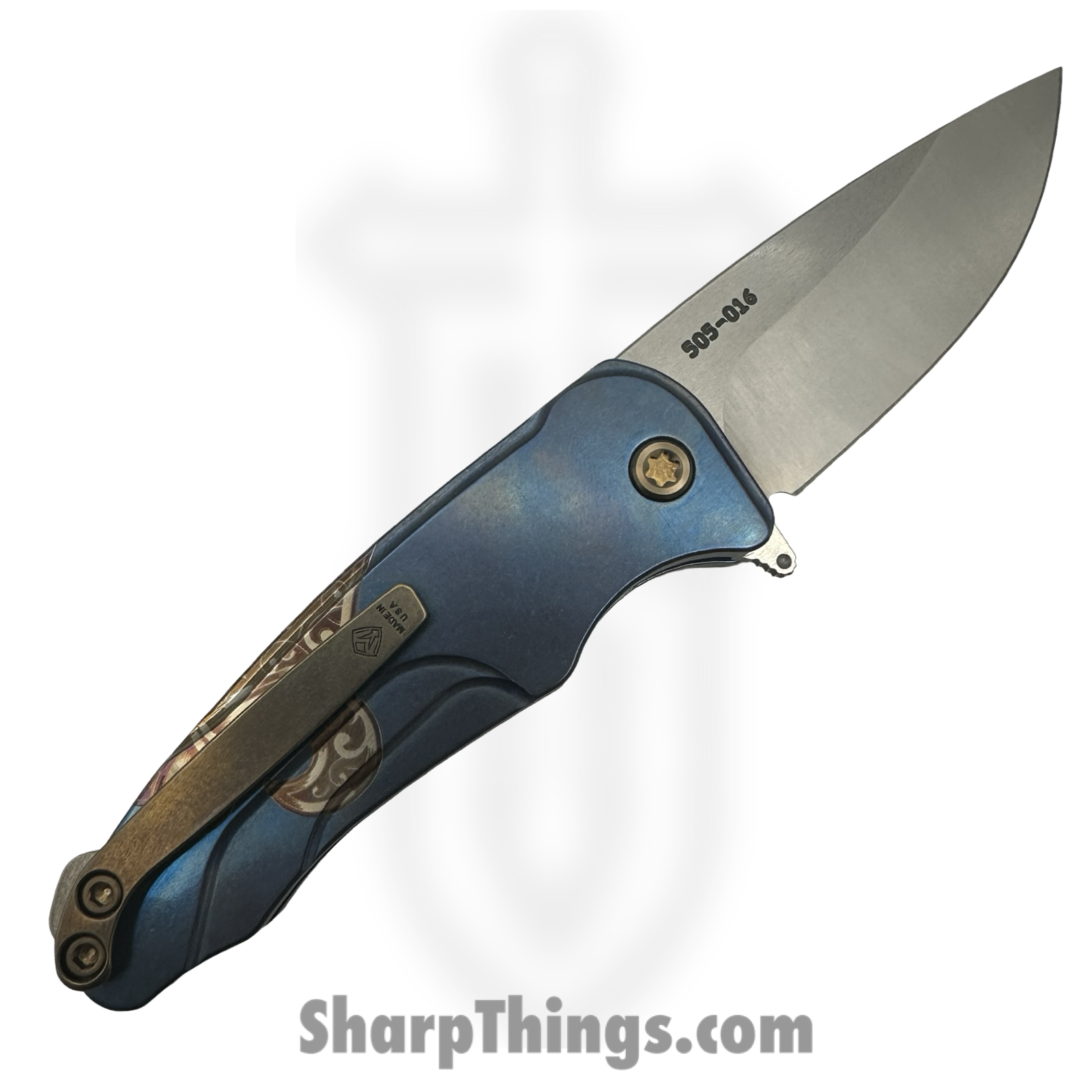 Medford Knife and Tool - MKT394TQ-37A2-T1C1-BN - Smooth Criminal - Folding Knife - S45VN Tumbled Drop Point - Titanium "Fleur De Lis" - Blue Bronze - Image 6