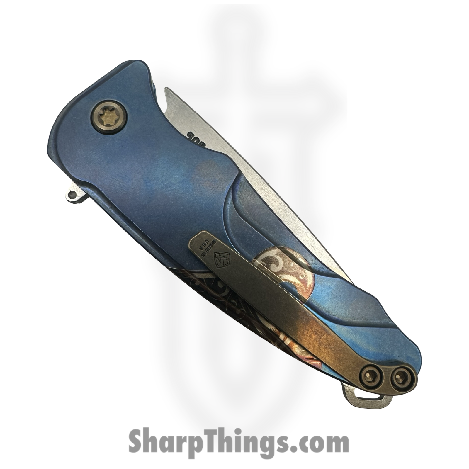 Medford Knife and Tool - MKT394TQ-37A2-T1C1-BN - Smooth Criminal - Folding Knife - S45VN Tumbled Drop Point - Titanium "Fleur De Lis" - Blue Bronze - Image 2