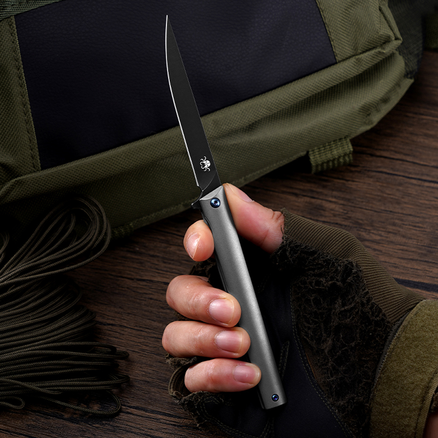 Klaken Knives - B13-TIDP-BK - Regent - Folding Knife - D2 Coated Drop Point - Titanium - Natural - Image 8