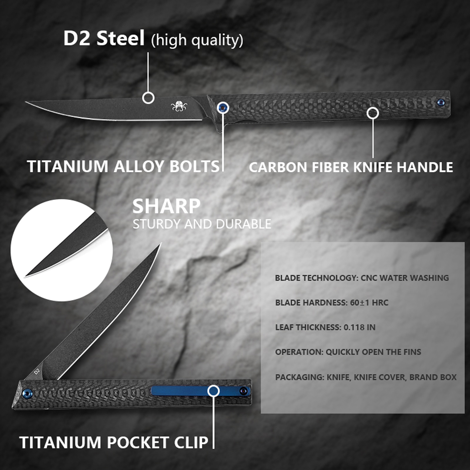 Klaken Knives - B13-CFDP-BK - Regent - Folding Knife - D2 Coated Drop Point - Carbon Fiber - Black - Image 4