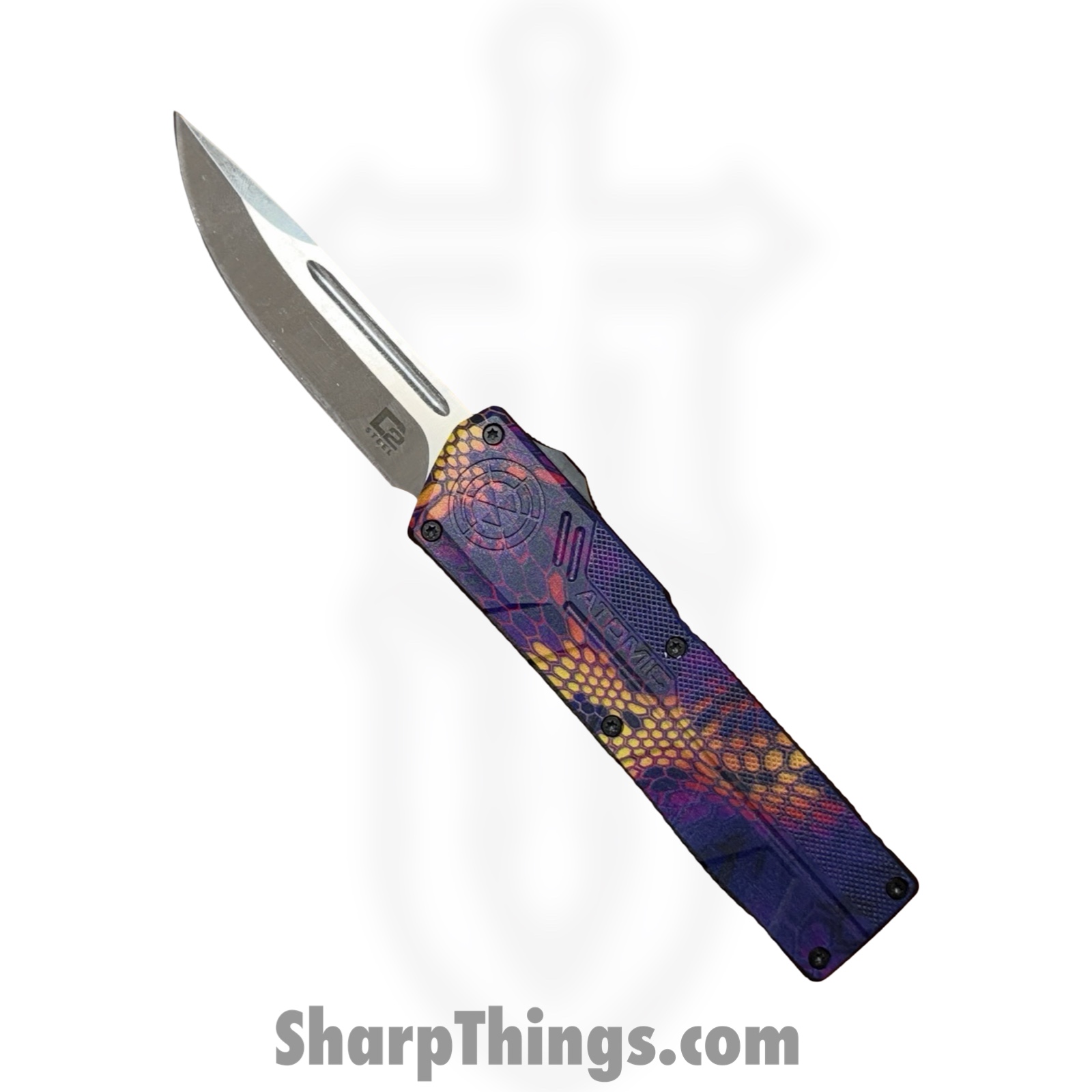 Atomic Knives - WNS-DT01SCMPDP - UltraLite ATOMIC - OTF Auto - D2 Satin Drop Point - Aluminum - Snake Camo