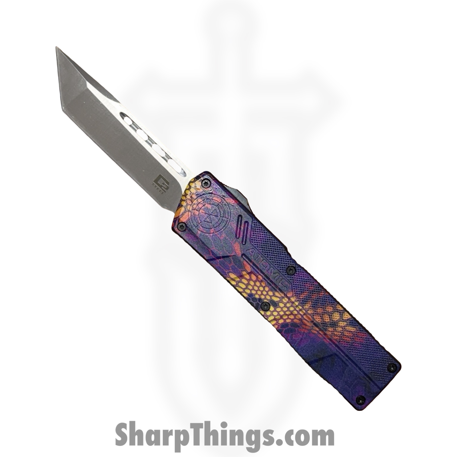 Atomic Knives - WNS-DT01SCMP - UltraLite ATOMIC - OTF Auto - D2 Satin Tanto - Aluminum - Snake Camo