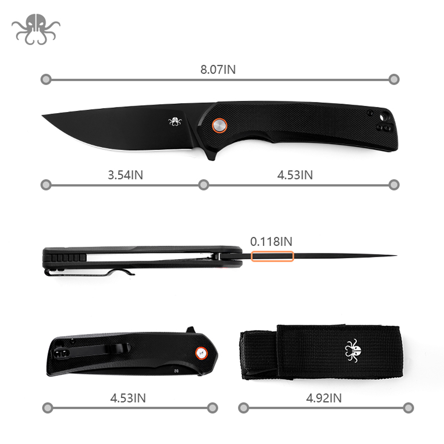 Klaken Knives - J147-BK-BK - Virex - Folding Knife - D2 Coated Drop Point - G10 - Black - Image 2