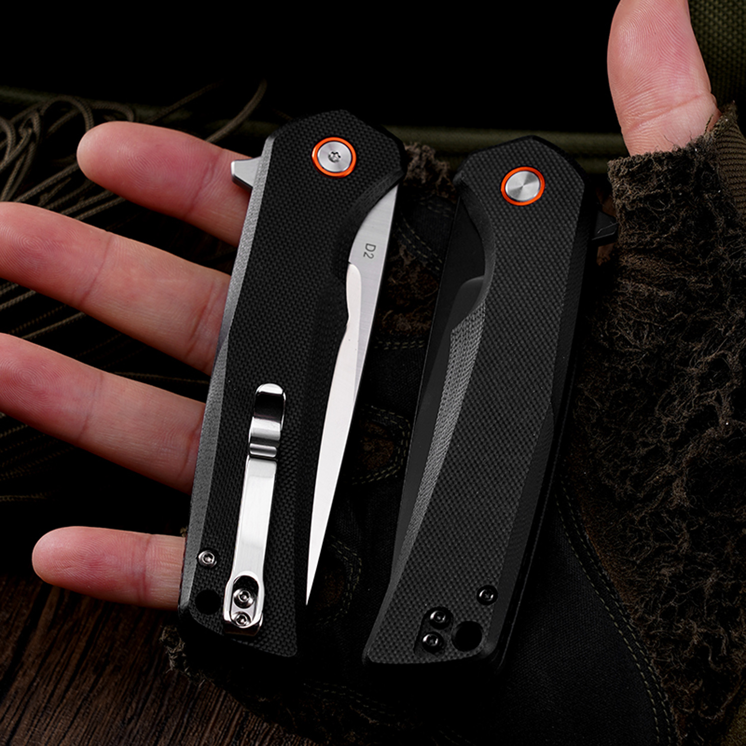 Klaken Knives - J147-BK-BK - Virex - Folding Knife - D2 Coated Drop Point - G10 - Black - Image 8