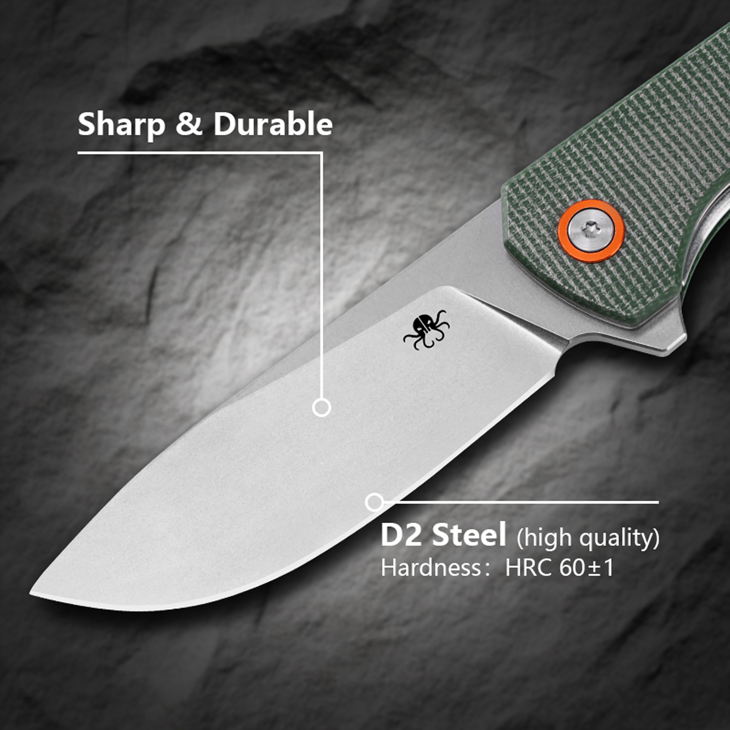 Klaken Knives - J305-GR-SW - Drake - Folding Knife - D2 Stonewash Clip Point - Micarta - Green - Image 3