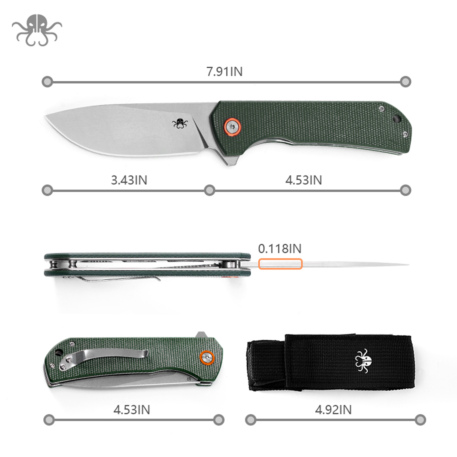Klaken Knives - J305-GR-SW - Drake - Folding Knife - D2 Stonewash Clip Point - Micarta - Green - Image 2