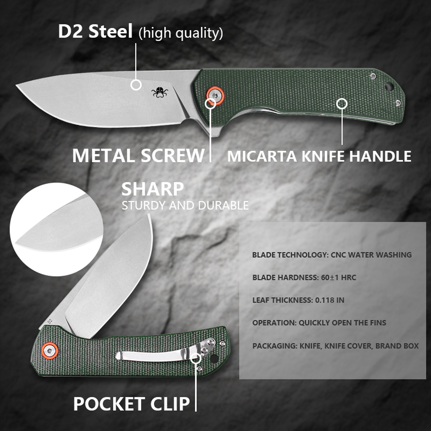 Klaken Knives - J305-GR-SW - Drake - Folding Knife - D2 Stonewash Clip Point - Micarta - Green - Image 9