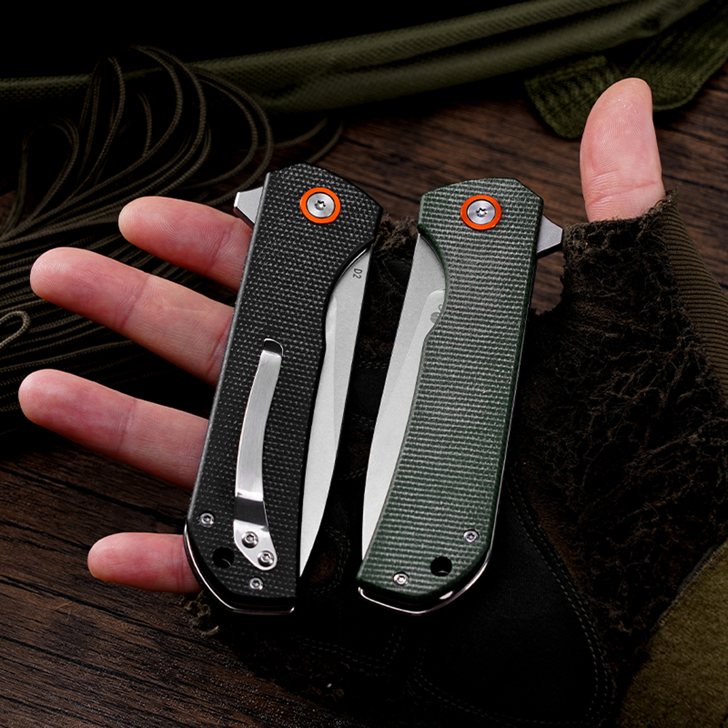 Klaken Knives - J305-GR-SW - Drake - Folding Knife - D2 Stonewash Clip Point - Micarta - Green - Image 8