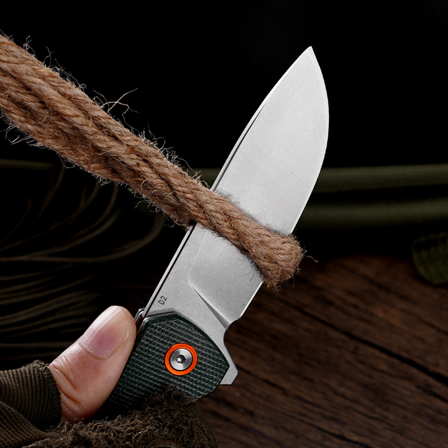 Klaken Knives - J305-GR-SW - Drake - Folding Knife - D2 Stonewash Clip Point - Micarta - Green - Image 6