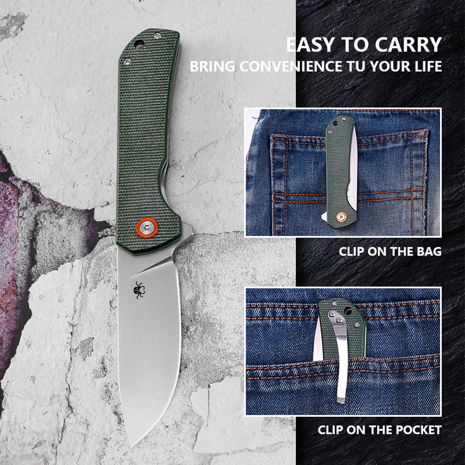 Klaken Knives - J305-GR-SW - Drake - Folding Knife - D2 Stonewash Clip Point - Micarta - Green - Image 5