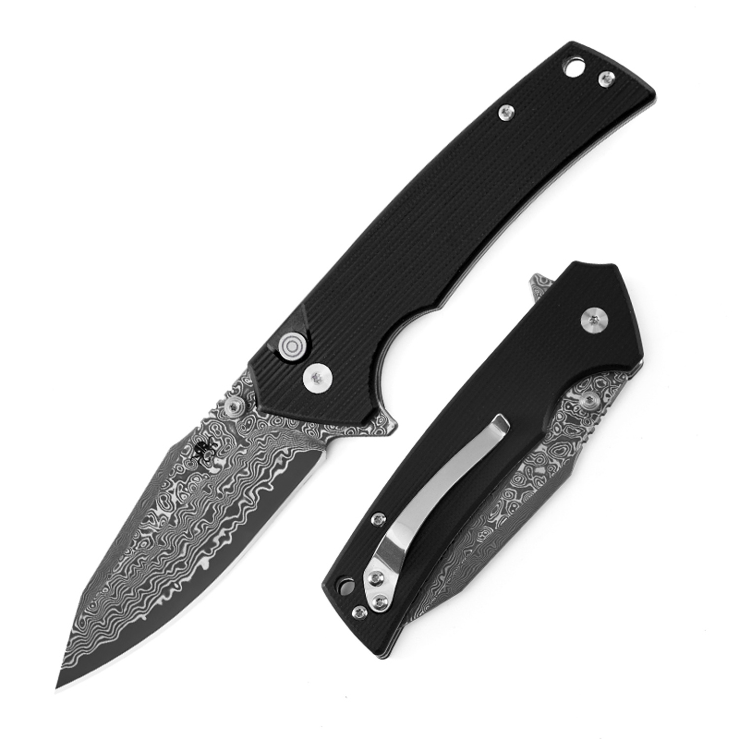 Klaken Knives - J313-BK-DAM - Riven - Folding Knife - Damascus Reverse Tanto - G10 - Black