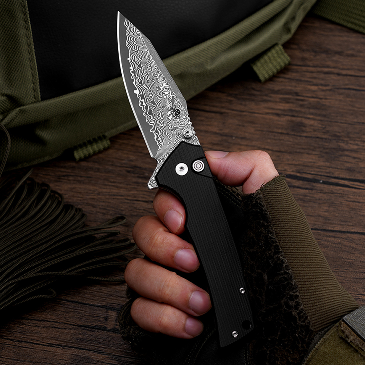 Klaken Knives - J313-BK-DAM - Riven - Folding Knife - Damascus Reverse Tanto - G10 - Black - Image 8