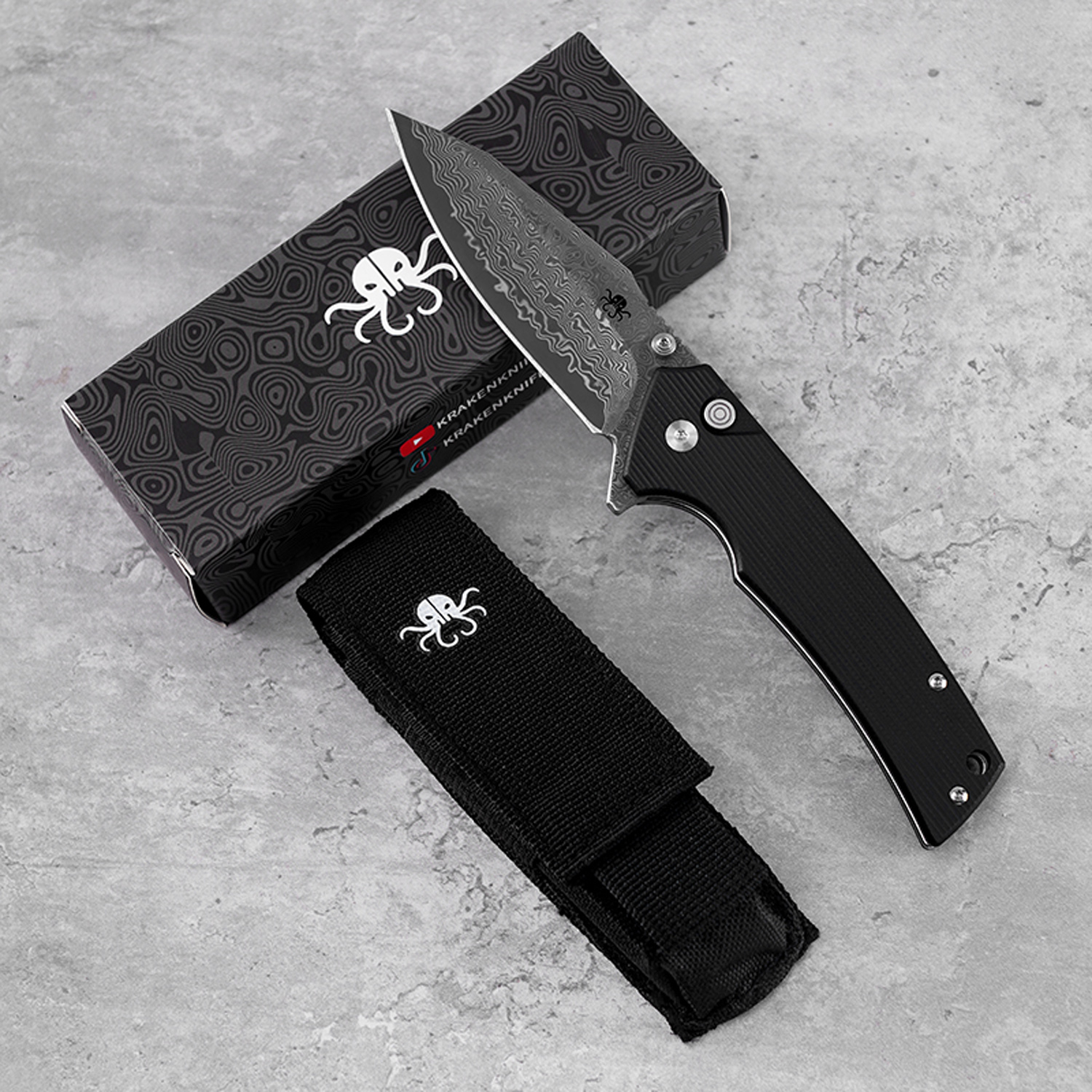 Klaken Knives - J313-BK-DAM - Riven - Folding Knife - Damascus Reverse Tanto - G10 - Black - Image 5