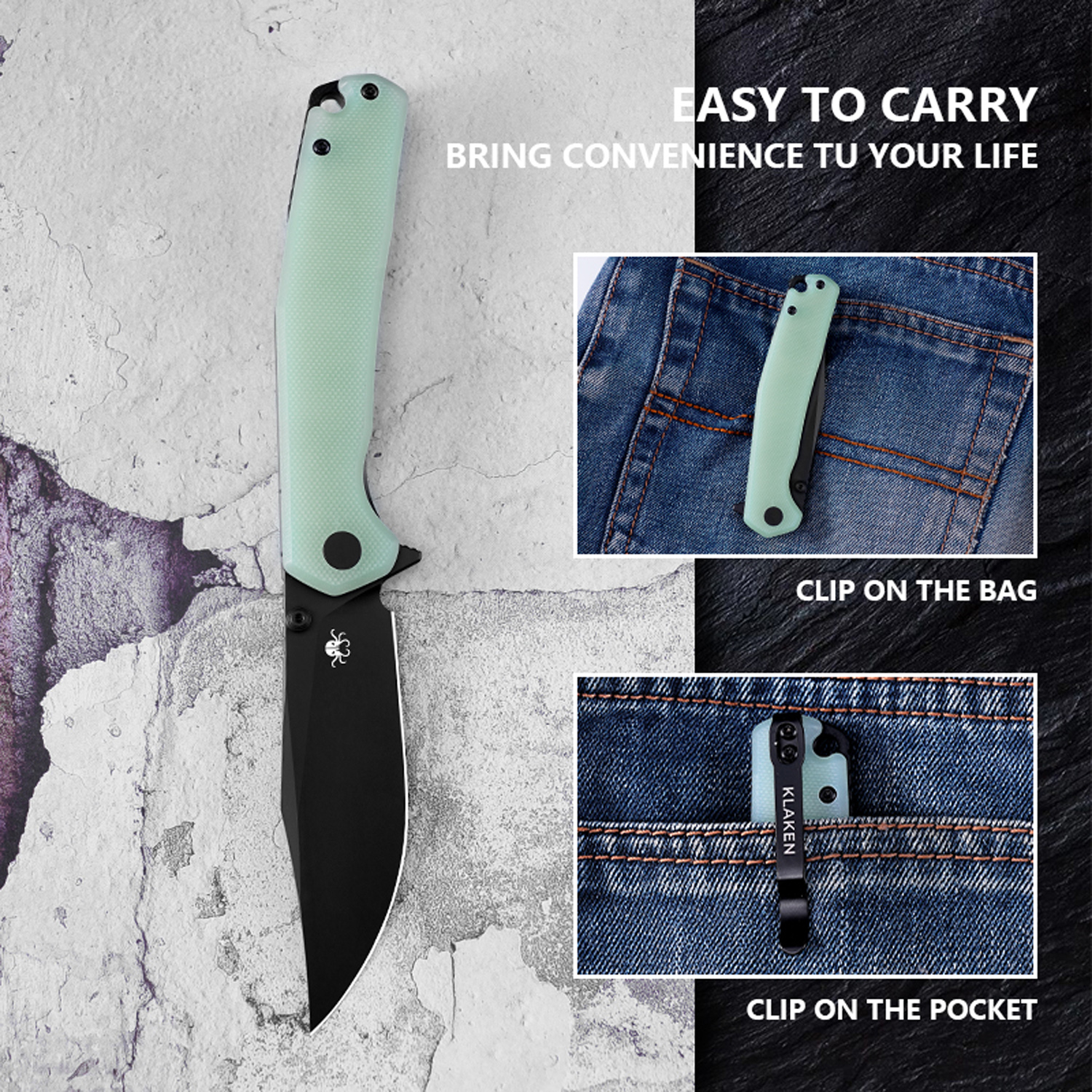 Klaken Knives - J335-JD-BK - The Lancet - Folding Knife - 14C28N Coated Clip Point - G10 - Jade - Image 10