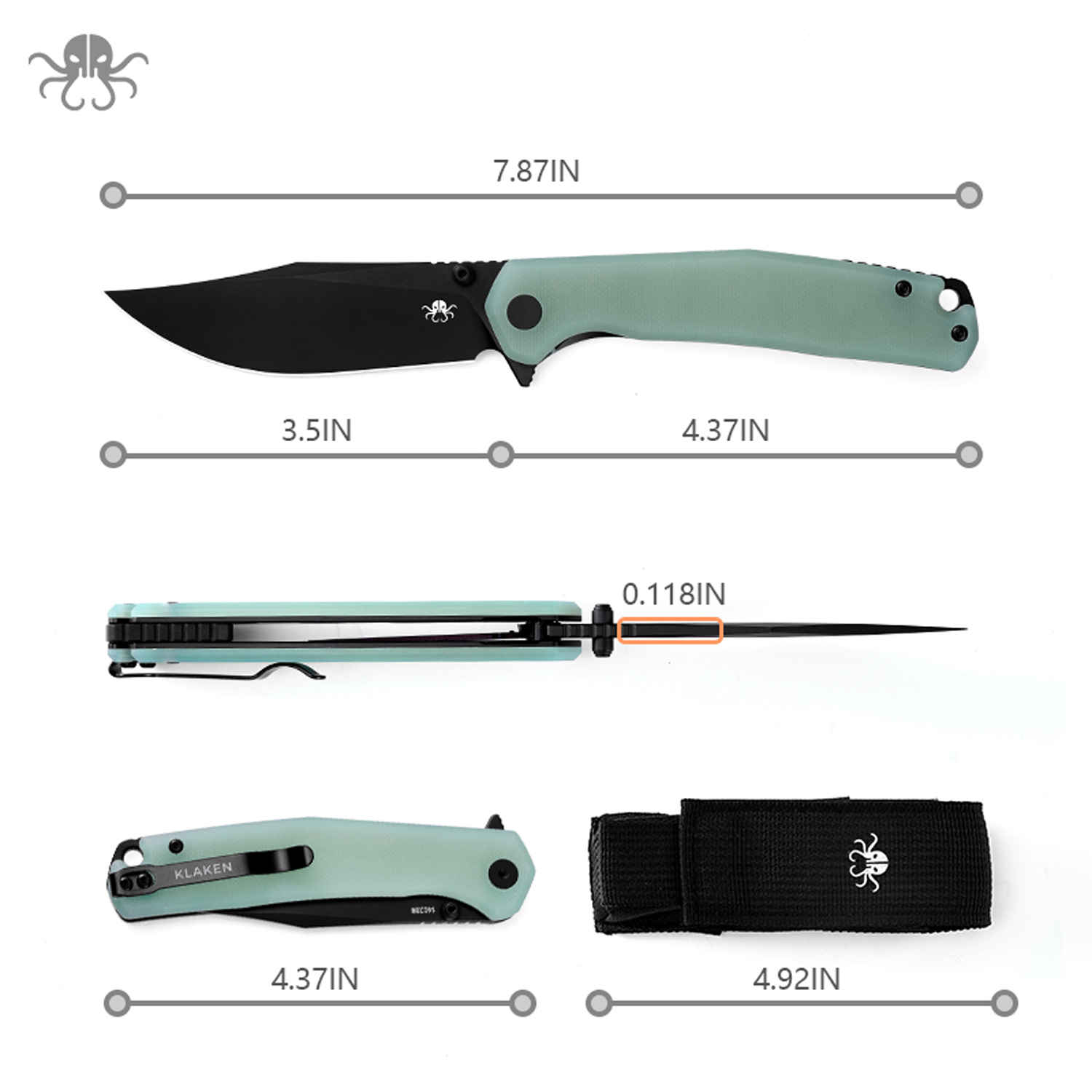 Klaken Knives - J335-JD-BK - The Lancet - Folding Knife - 14C28N Coated Clip Point - G10 - Jade - Image 2