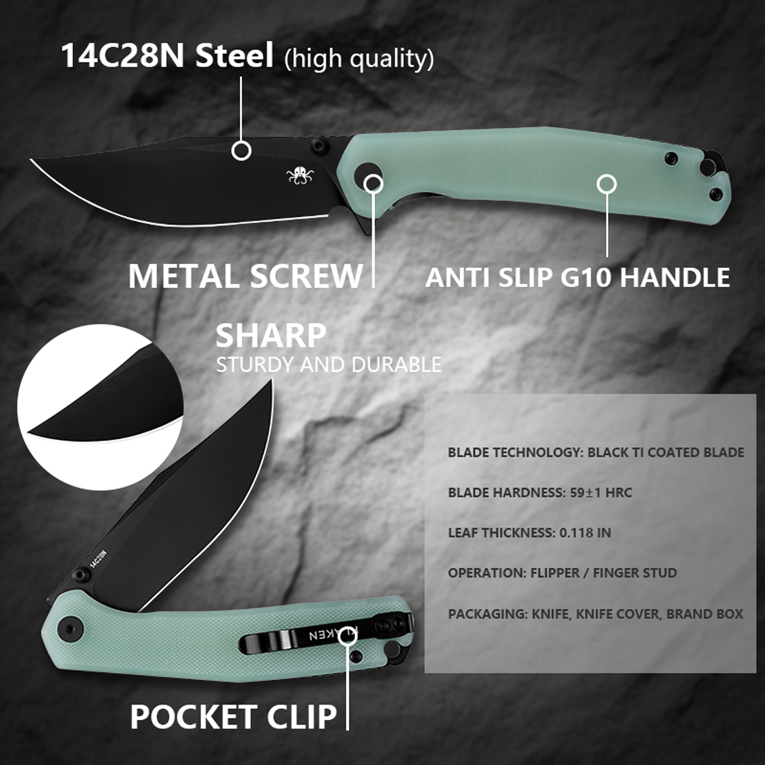 Klaken Knives - J335-JD-BK - The Lancet - Folding Knife - 14C28N Coated Clip Point - G10 - Jade - Image 5