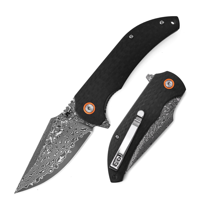 Klaken Knives - J337-CF-DAM - Ravenor - Folding Knife - Damascus Drop Point - Zebra Wood | CF Handle - Black