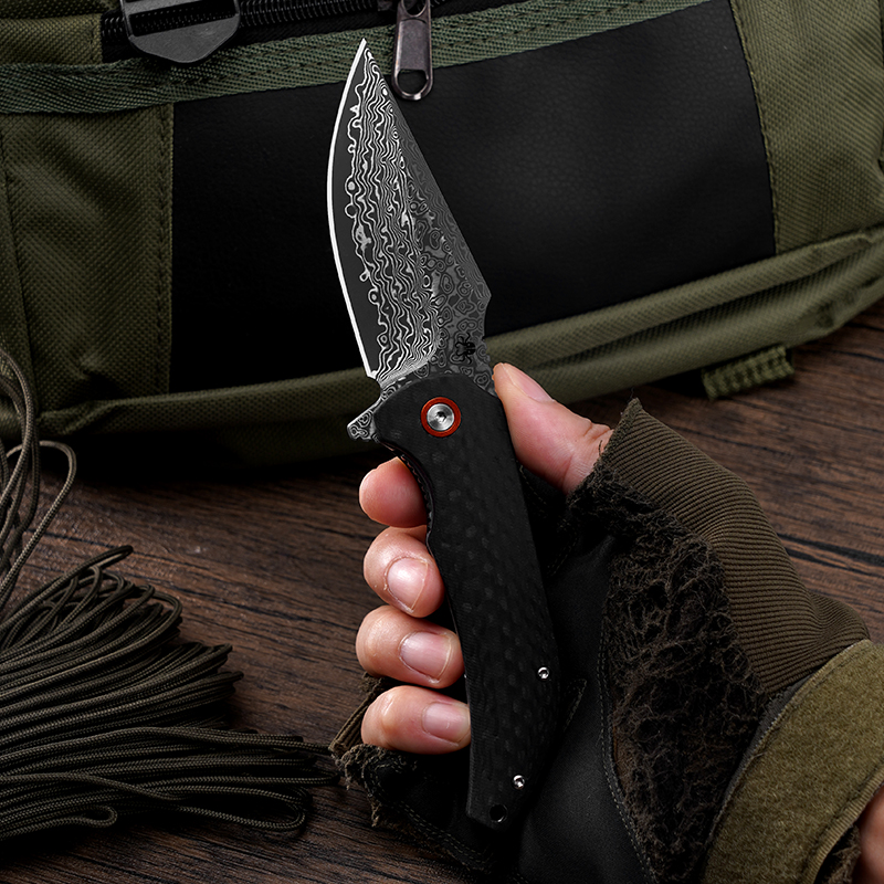 Klaken Knives - J337-CF-DAM - Ravenor - Folding Knife - Damascus Drop Point - Zebra Wood | CF Handle - Black - Image 9