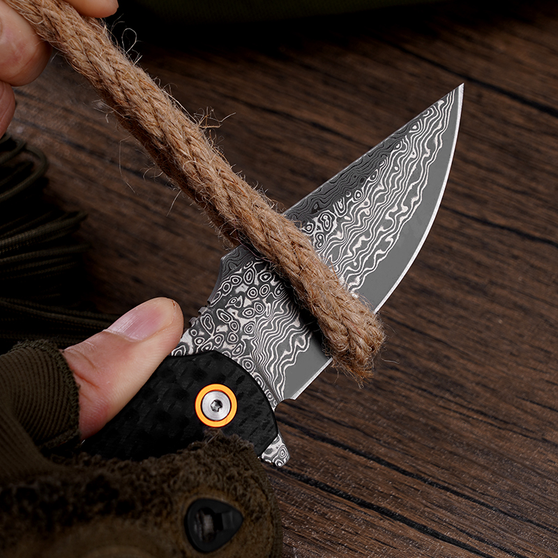 Klaken Knives - J337-CF-DAM - Ravenor - Folding Knife - Damascus Drop Point - Zebra Wood | CF Handle - Black - Image 8