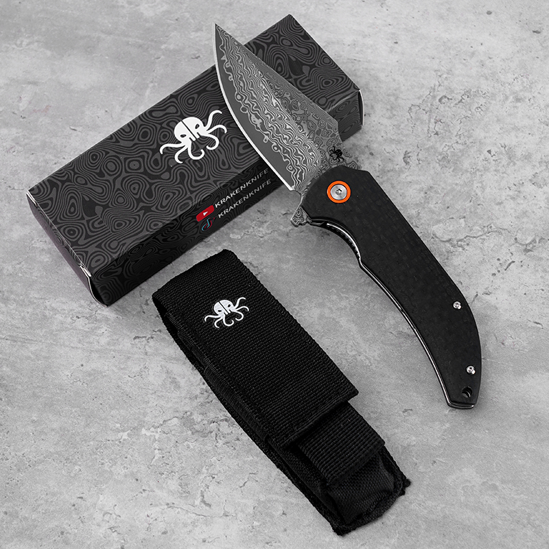 Klaken Knives - J337-CF-DAM - Ravenor - Folding Knife - Damascus Drop Point - Zebra Wood | CF Handle - Black - Image 6