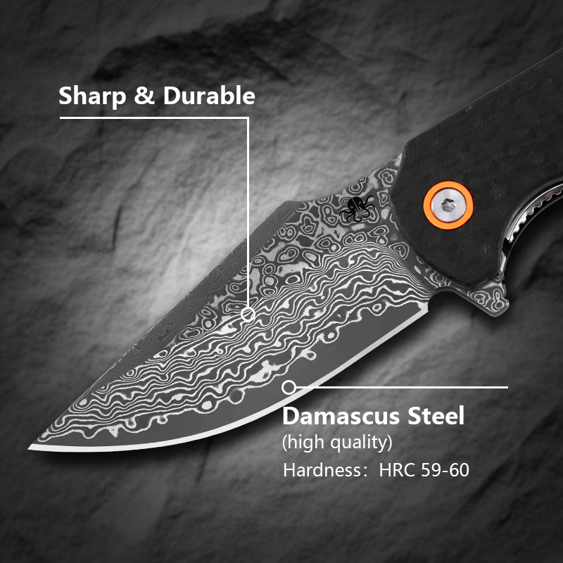 Klaken Knives - J337-CF-DAM - Ravenor - Folding Knife - Damascus Drop Point - Zebra Wood | CF Handle - Black - Image 5