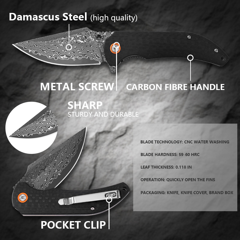 Klaken Knives - J337-CF-DAM - Ravenor - Folding Knife - Damascus Drop Point - Zebra Wood | CF Handle - Black - Image 4