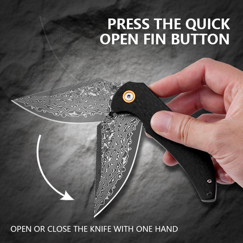 Klaken Knives - J337-CF-DAM - Ravenor - Folding Knife - Damascus Drop Point - Zebra Wood | CF Handle - Black - Image 3