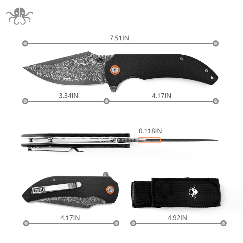 Klaken Knives - J337-CF-DAM - Ravenor - Folding Knife - Damascus Drop Point - Zebra Wood | CF Handle - Black - Image 2