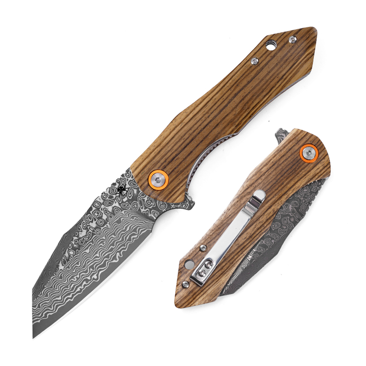 Klaken Knives - J338-ZW-DAM - Askael - Folding Knife - Damascus Wharncliffe - Carbon Fiber - Wood