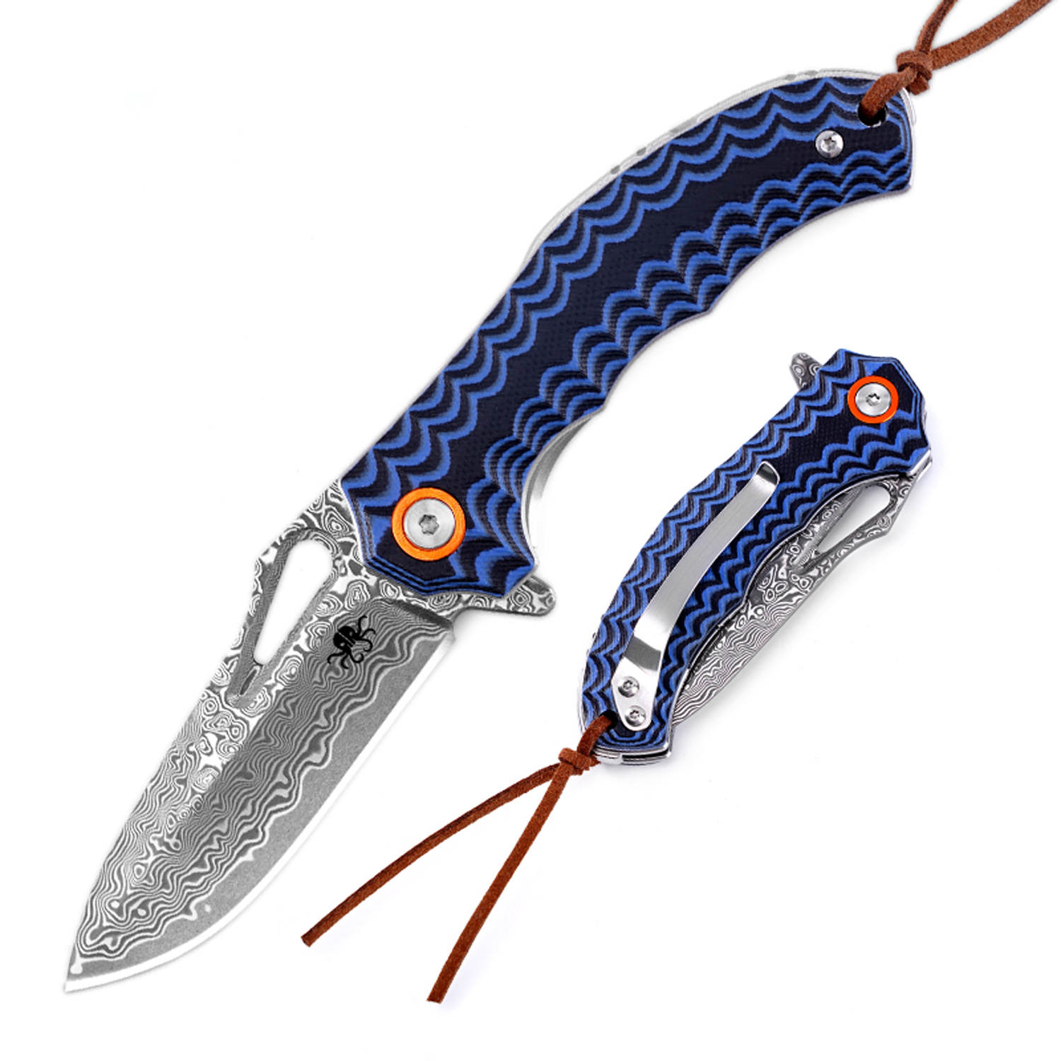 Klaken Knives - J345-BL-DAM - Tideborn - Folding Knife - Damascus Damascus Spear Point - G10 - Blue