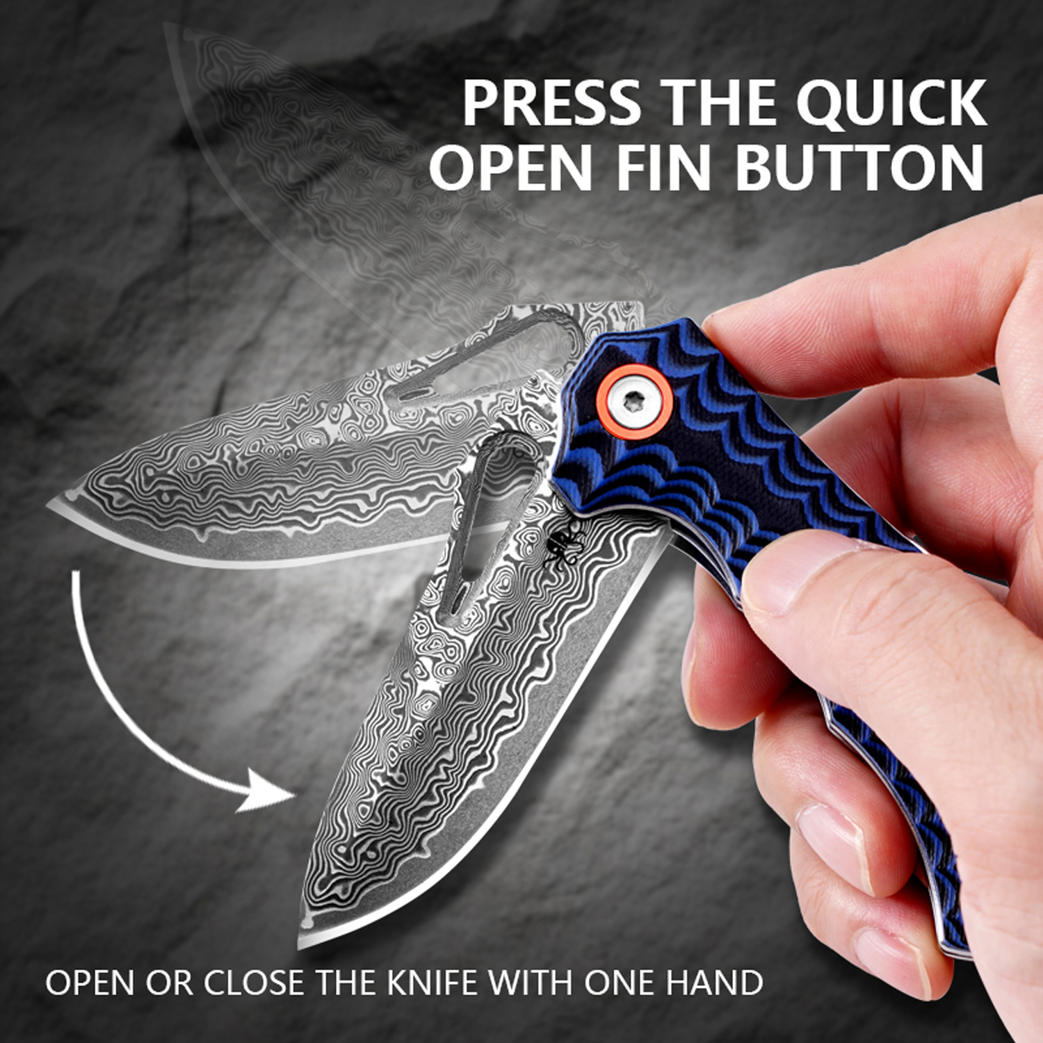 Klaken Knives - J345-BL-DAM - Tideborn - Folding Knife - Damascus Damascus Spear Point - G10 - Blue - Image 9