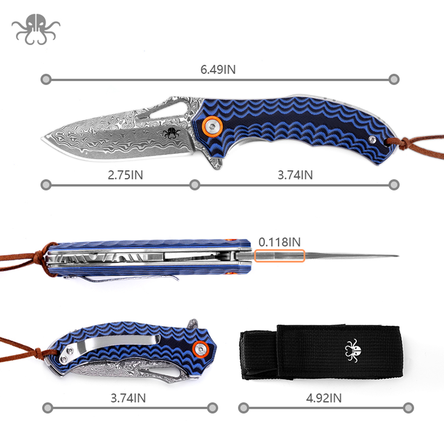 Klaken Knives - J345-BL-DAM - Tideborn - Folding Knife - Damascus Damascus Spear Point - G10 - Blue - Image 2