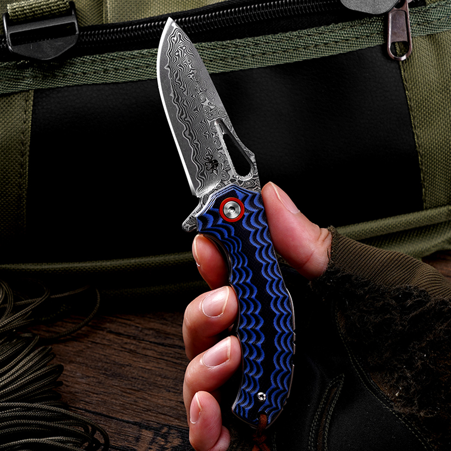 Klaken Knives - J345-BL-DAM - Tideborn - Folding Knife - Damascus Damascus Spear Point - G10 - Blue - Image 7