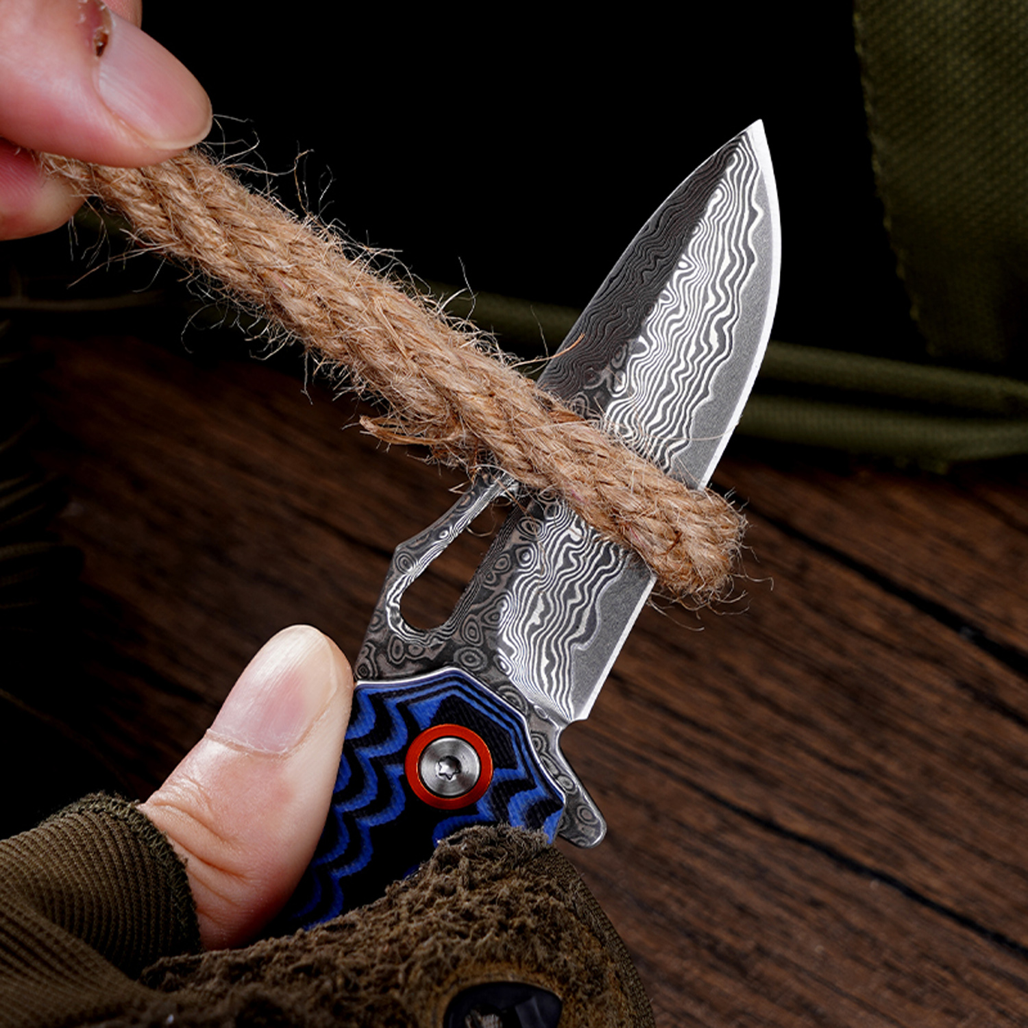 Klaken Knives - J345-BL-DAM - Tideborn - Folding Knife - Damascus Damascus Spear Point - G10 - Blue - Image 6