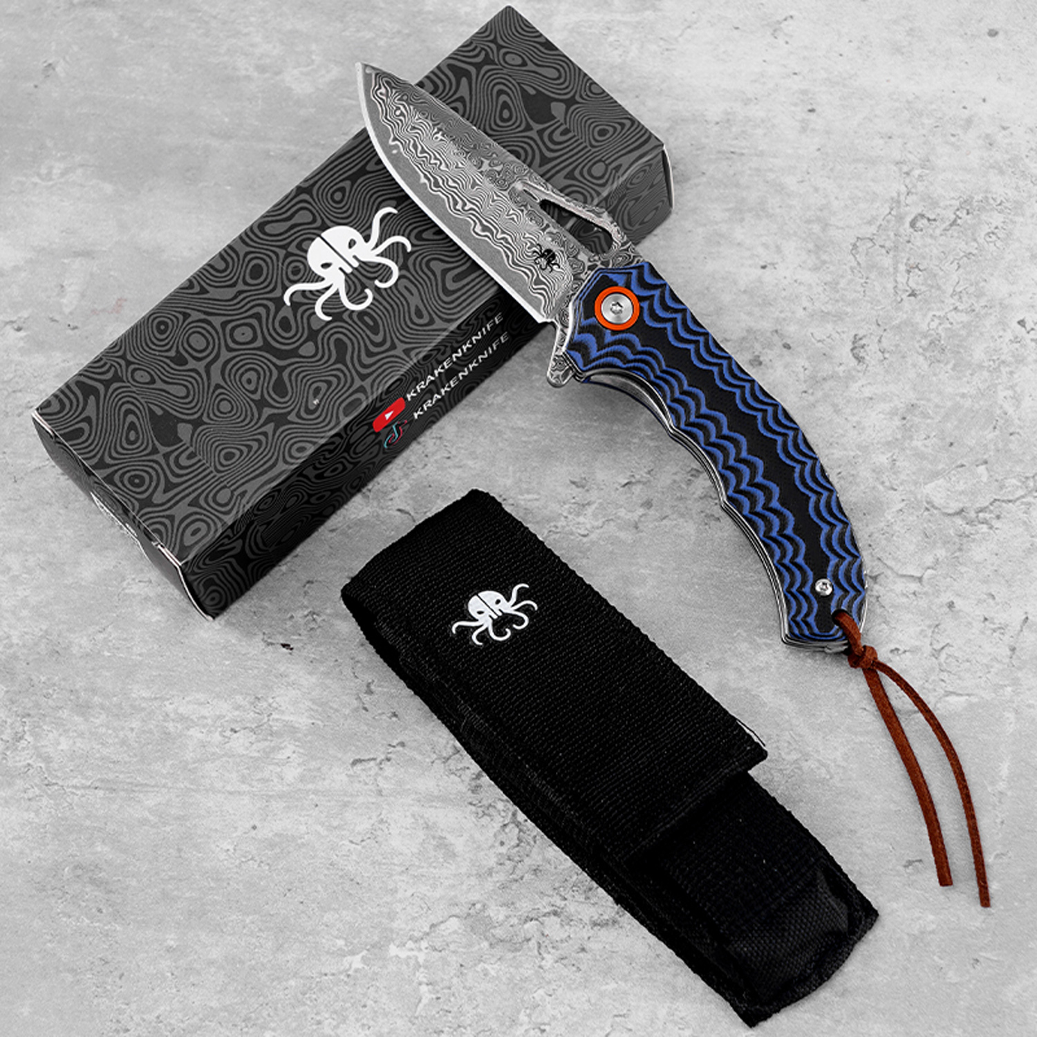 Klaken Knives - J345-BL-DAM - Tideborn - Folding Knife - Damascus Damascus Spear Point - G10 - Blue - Image 4